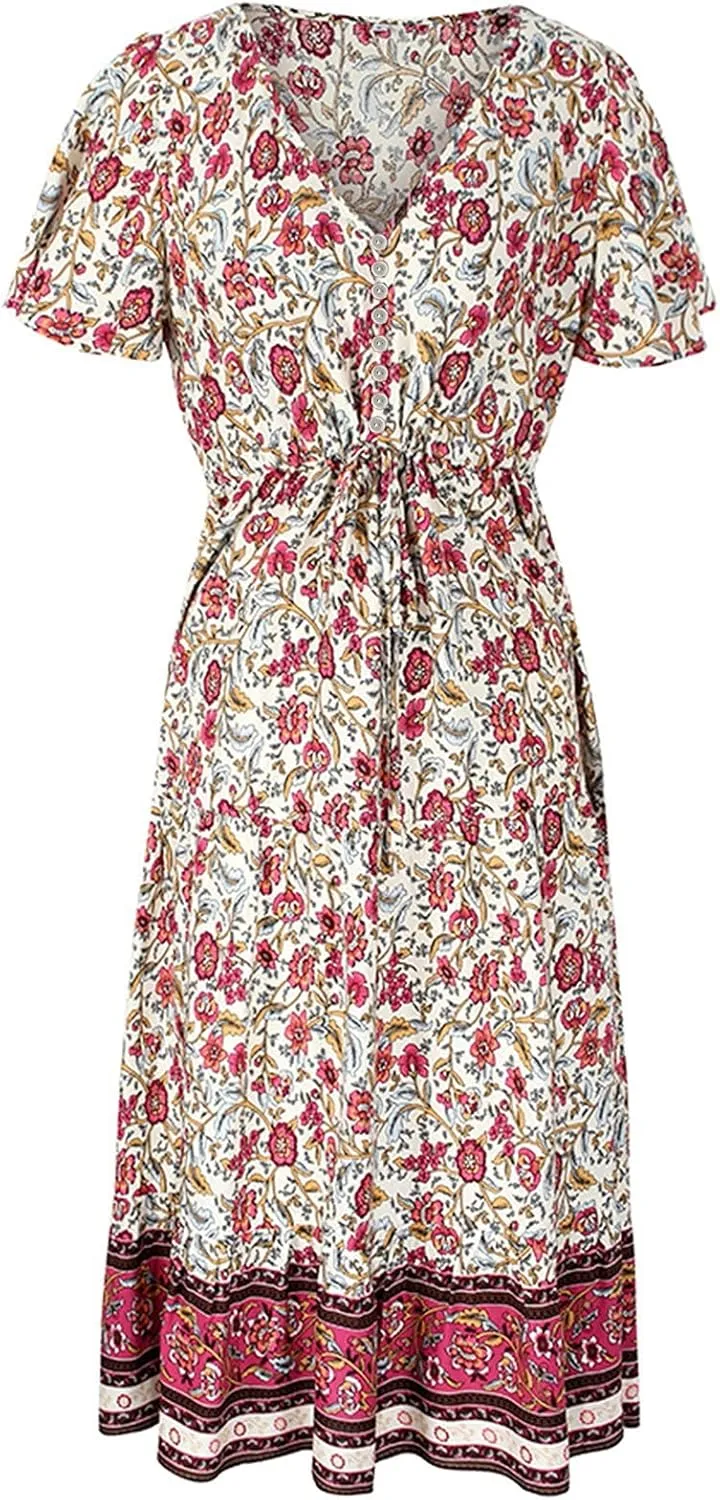 Summer Dresses for Women 2024 Casual Loose Floral Print Boho Beach Dress V Neck Drawstring Ruffle Sleeve Midi Dress