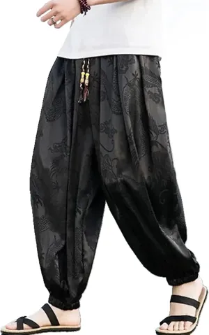 Summer Men's Ice Silk Harem Pants Chinese Tang Dynasty Vintage Jacquard Pants Loose Harem Leaf Print Hip Hop