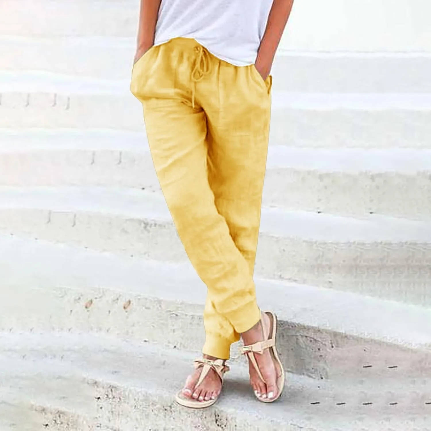 Summer Pants For Women 2024 Linen Straight Leg Beach Pants Drawstring High Waist Loose Comfy Trousers with Pockets