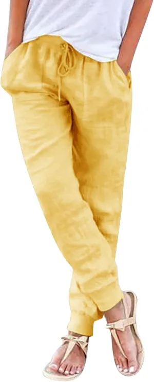 Summer Pants For Women 2024 Linen Straight Leg Beach Pants Drawstring High Waist Loose Comfy Trousers with Pockets