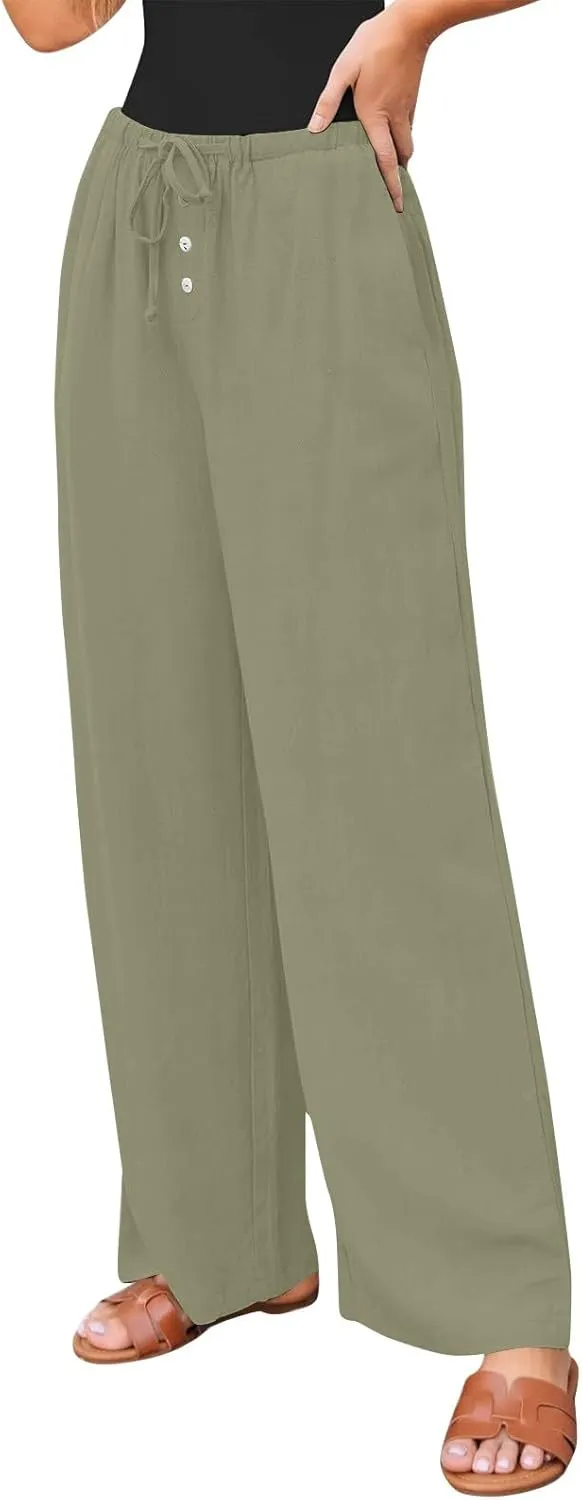 Summer Pants for Women Baggy Linen Elastic 2025 Pants Wide Leg Beach High Waisted with Pocket Solid Outfit Resort Wear