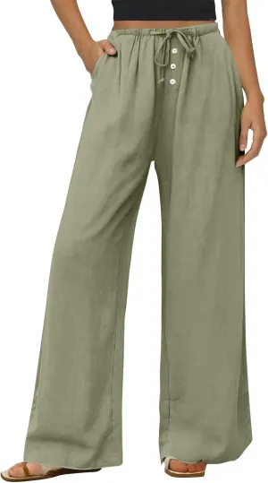 Summer Pants for Women Baggy Linen Elastic 2025 Pants Wide Leg Beach High Waisted with Pocket Solid Outfit Resort Wear