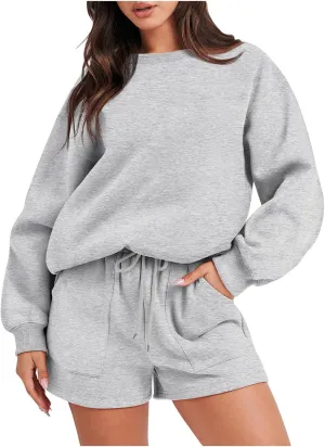 Sweat Sets For Women 2 Piece Outfits Casual Long Sleeve Oversized Sweatshirt With Shorts Matching Lounge Set Sweatsuit