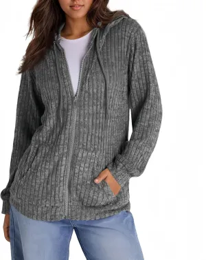 Sweaters for Women Long Sleeve Knitted Zip up Hoodies Ribbed Pullover Loose Casual Sweatshirts with Pocket