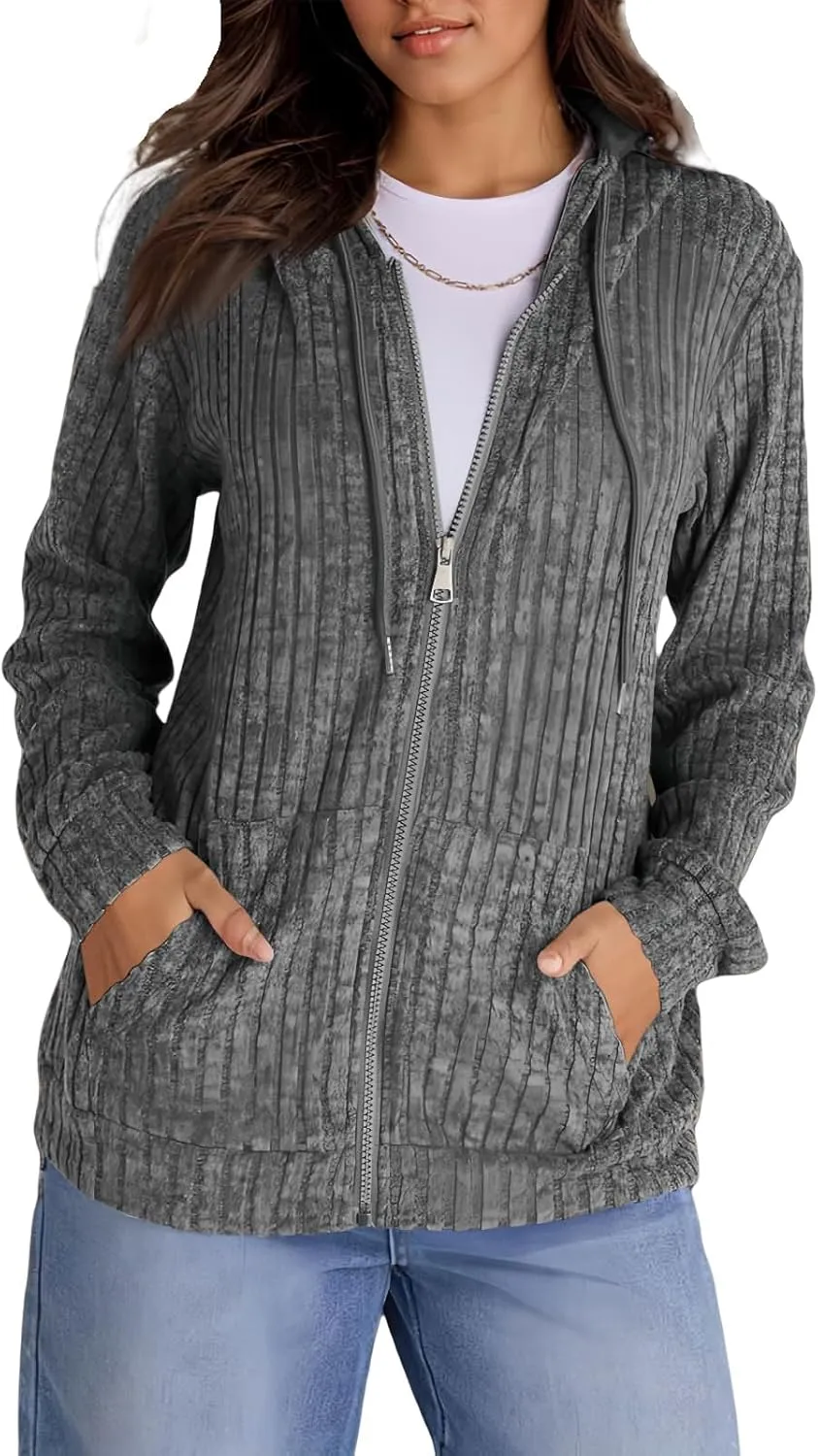 Sweaters for Women Long Sleeve Knitted Zip up Hoodies Ribbed Pullover Loose Casual Sweatshirts with Pocket