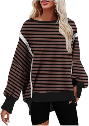 Sweatshirts for Women Striped Oversized Hoodies Long Sleeve Crewneck Fall Outfits Fashion Pullover Tops