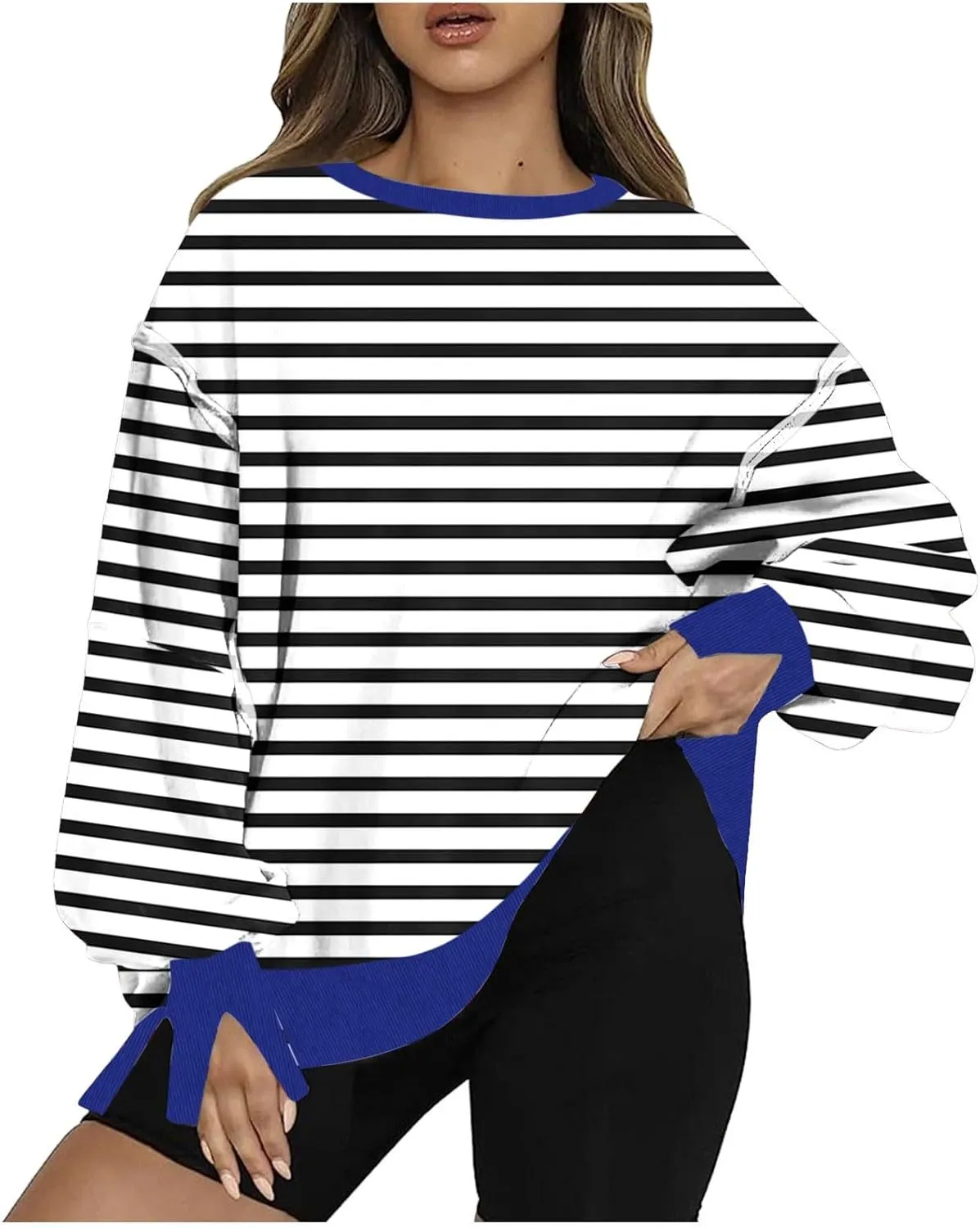 Sweatshirts for Women Striped Oversized Hoodies Long Sleeve Crewneck Fall Outfits Fashion Pullover Tops