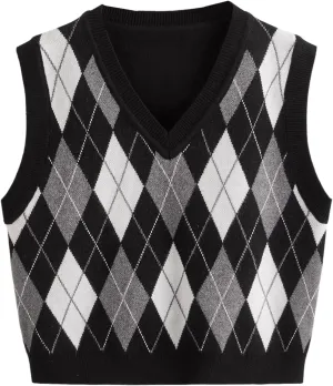 SweatyRocks Girl's Argyle Plaid Sweater Vest V Neck Sleeveless Preppy Knit Vest Tops