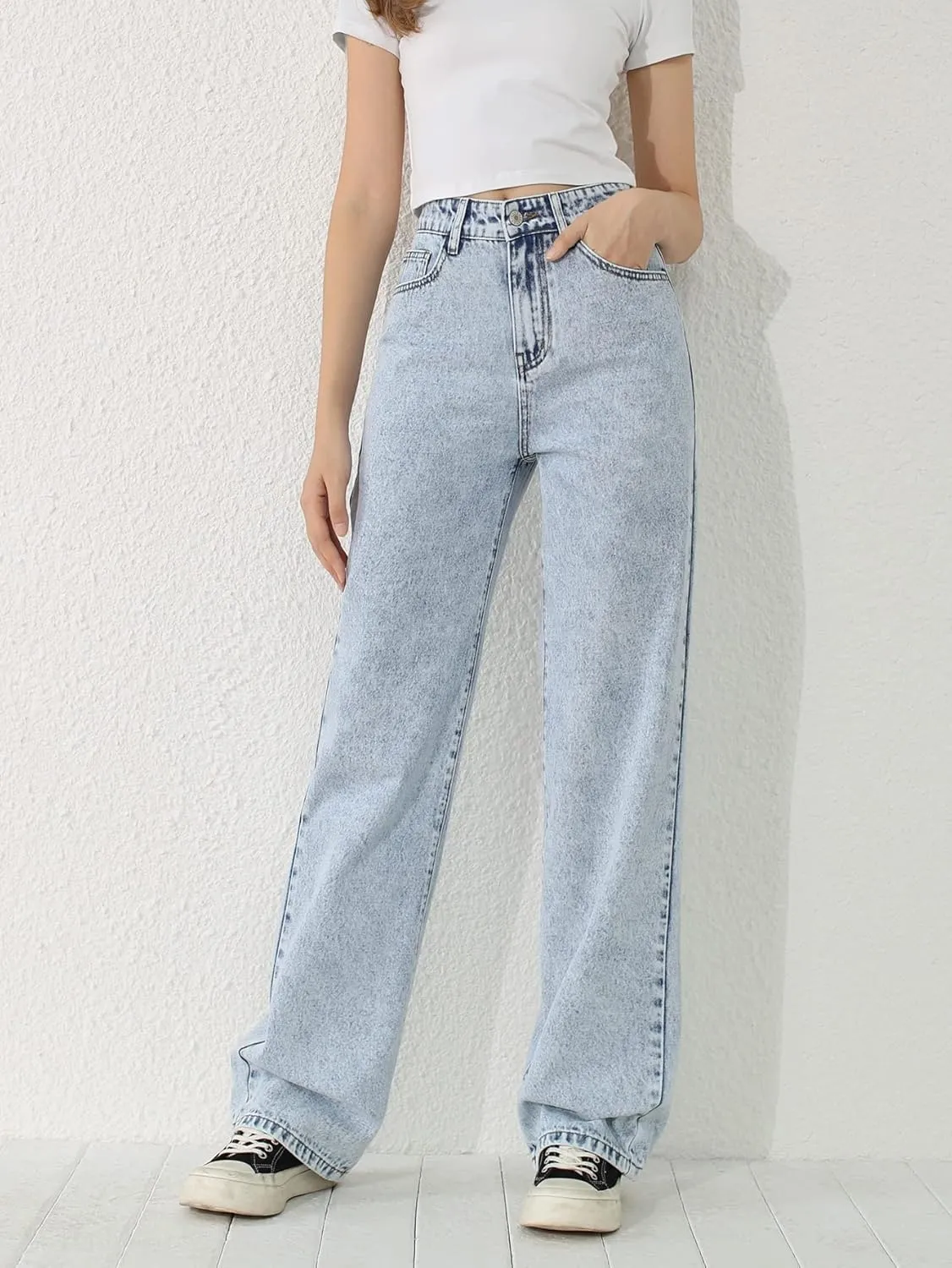 SweatyRocks Girl's High Waisted Solid Straight Leg Jeans Casual Loose Denim Pants