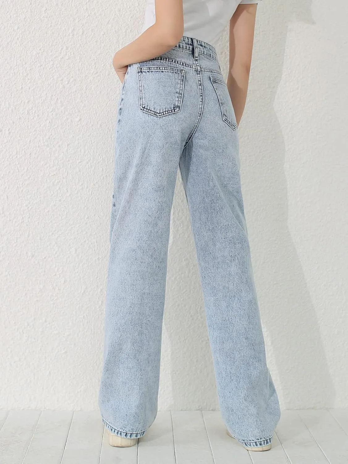 SweatyRocks Girl's High Waisted Solid Straight Leg Jeans Casual Loose Denim Pants
