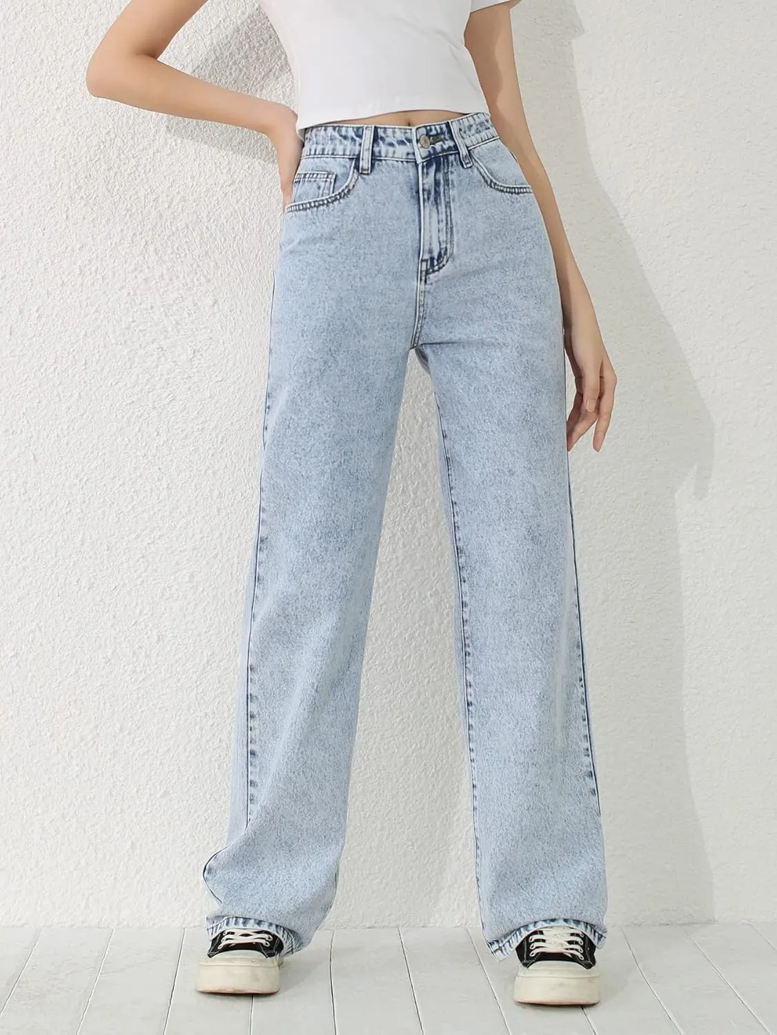 SweatyRocks Girl's High Waisted Solid Straight Leg Jeans Casual Loose Denim Pants