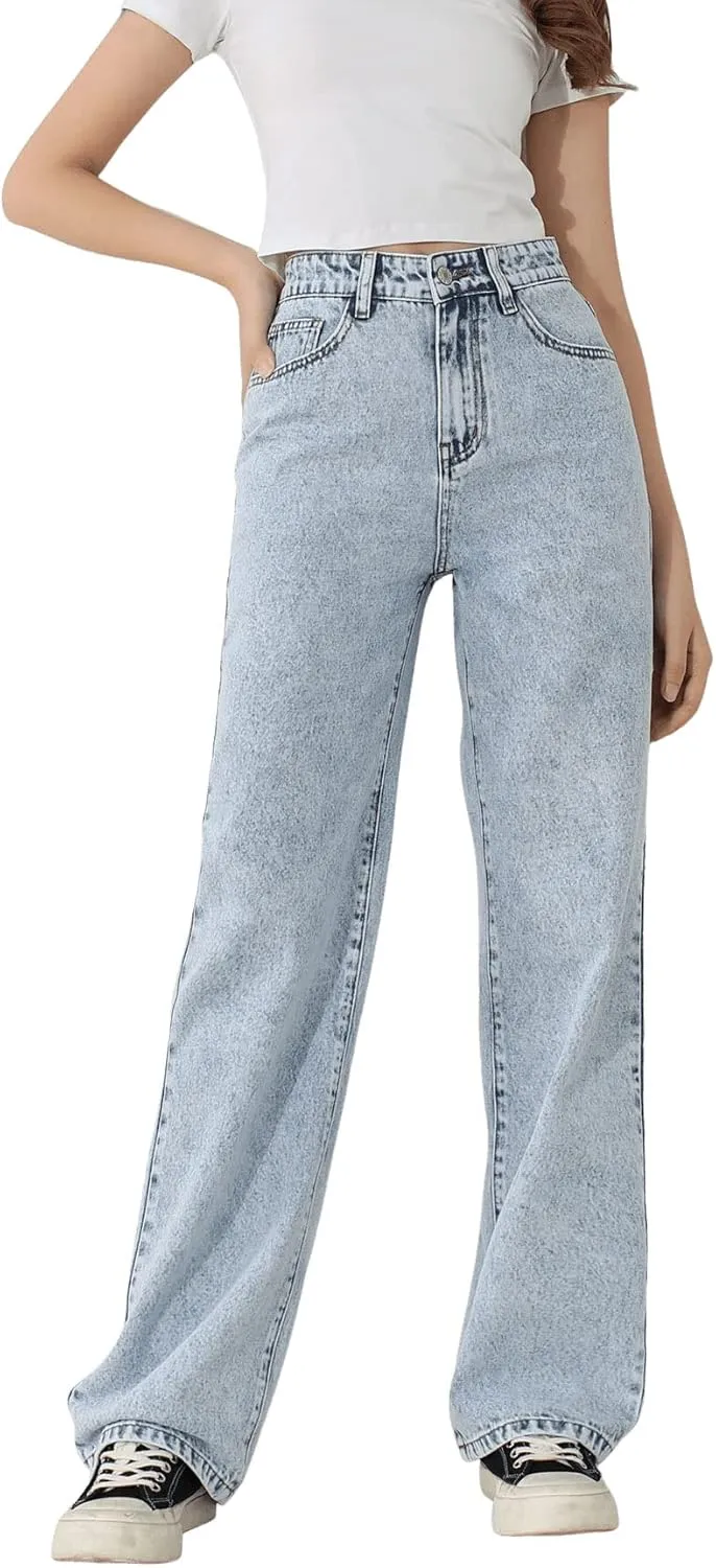 SweatyRocks Girl's High Waisted Solid Straight Leg Jeans Casual Loose Denim Pants