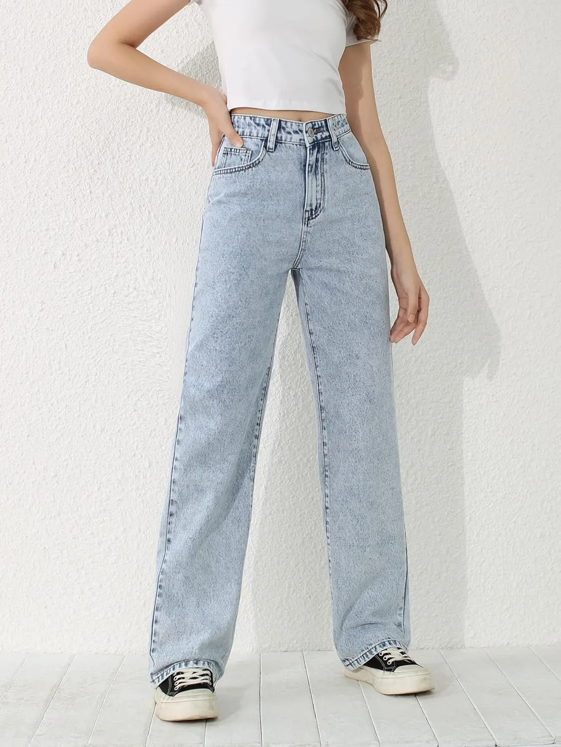 SweatyRocks Girl's High Waisted Solid Straight Leg Jeans Casual Loose Denim Pants