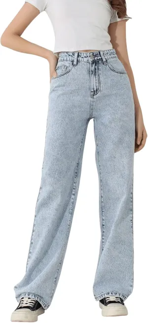 SweatyRocks Girl's High Waisted Solid Straight Leg Jeans Casual Loose Denim Pants
