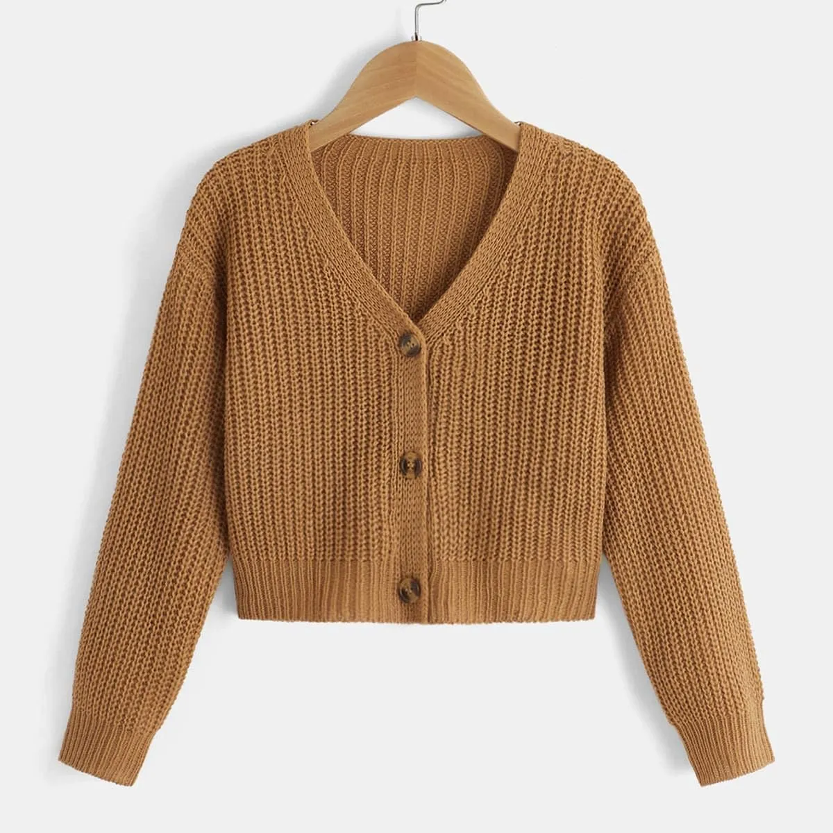 SweatyRocks Girl's Long Sleeve Drop Shoulder V Neck Button Front Ribbed Knit Cardigan Sweaters