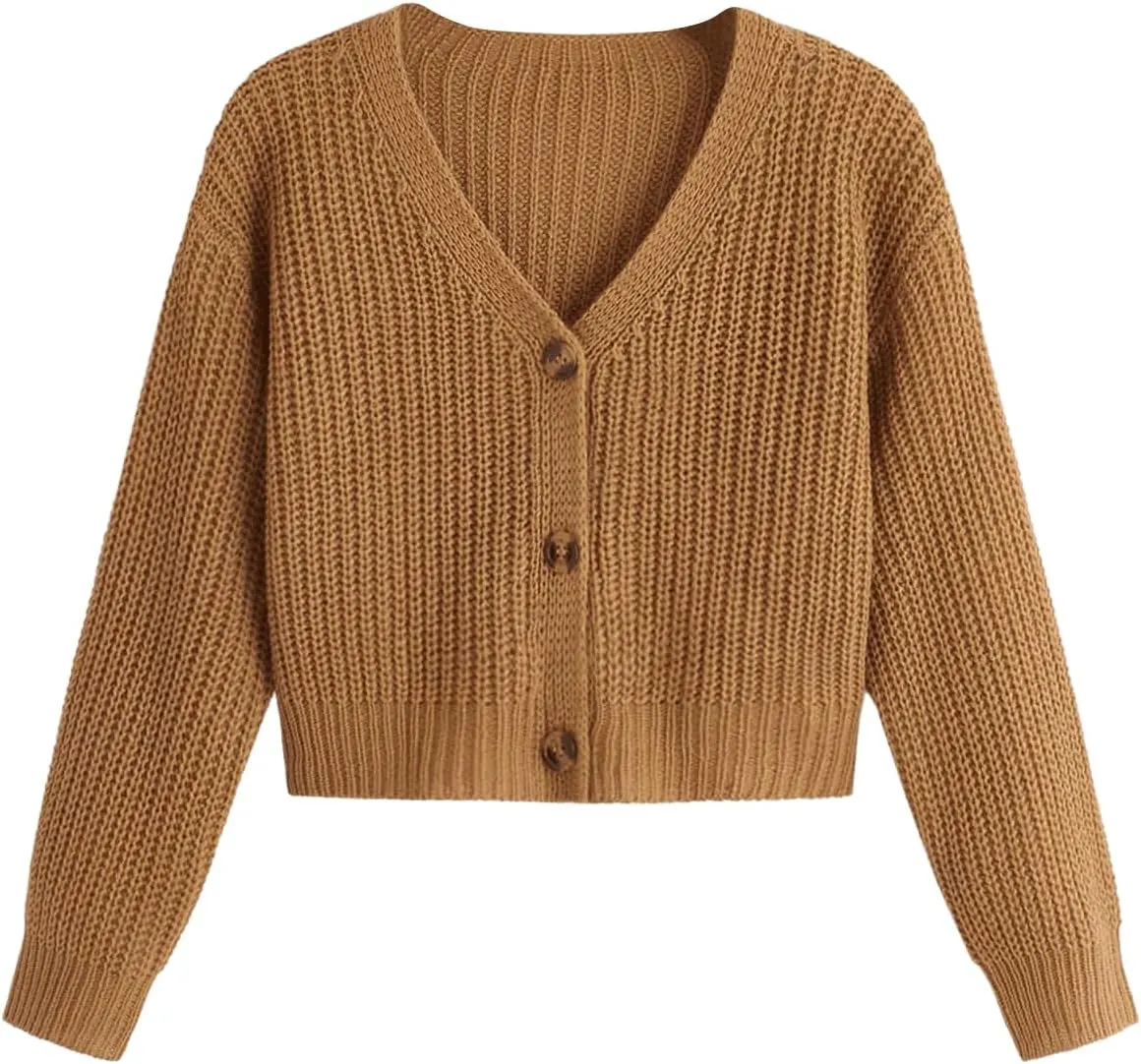 SweatyRocks Girl's Long Sleeve Drop Shoulder V Neck Button Front Ribbed Knit Cardigan Sweaters
