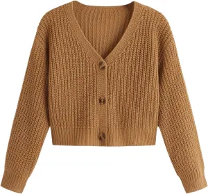 SweatyRocks Girl's Long Sleeve Drop Shoulder V Neck Button Front Ribbed Knit Cardigan Sweaters