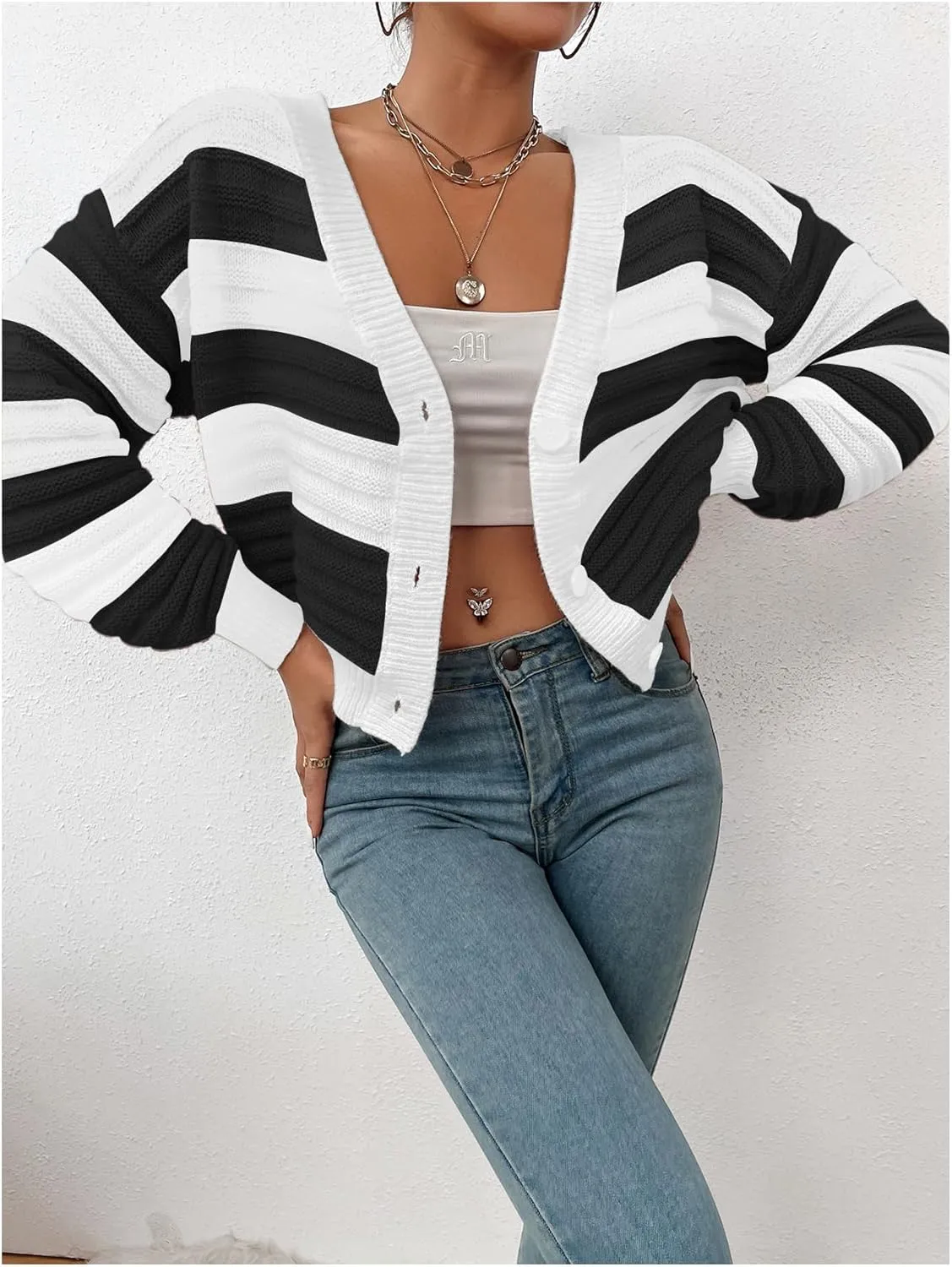 SweatyRocks Women's Color Block V Neck Button Front Knit Cardigan Sweater Outerwear