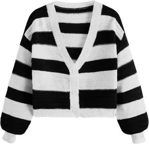SweatyRocks Women's Color Block V Neck Button Front Knit Cardigan Sweater Outerwear
