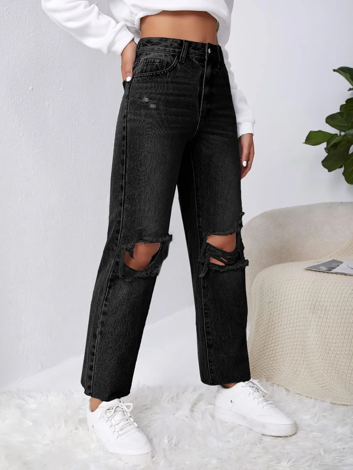 SweatyRocks Women's High Waist Ripped Distressed Cropped Jeans Straight Leg Denim Pants