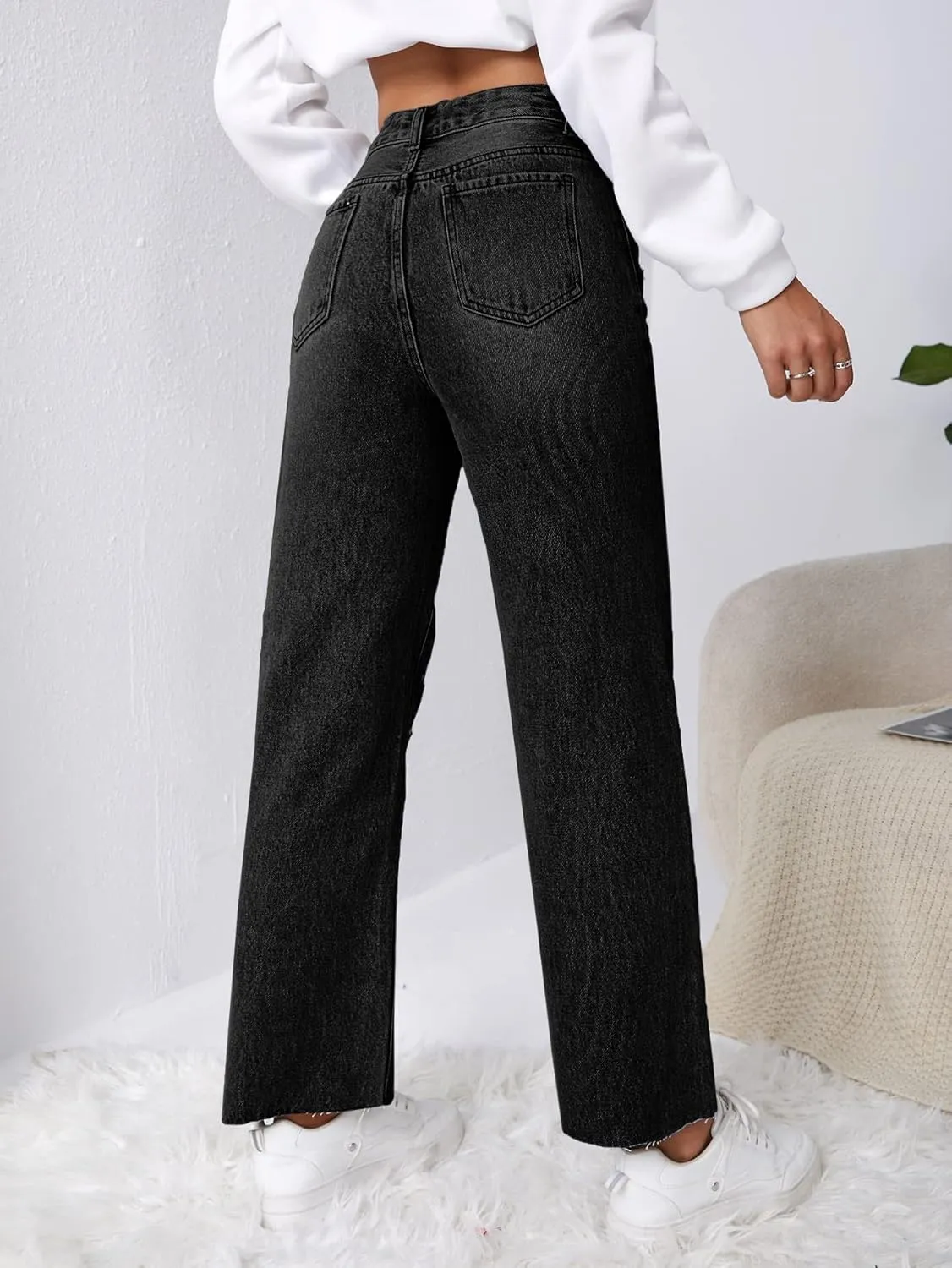 SweatyRocks Women's High Waist Ripped Distressed Cropped Jeans Straight Leg Denim Pants