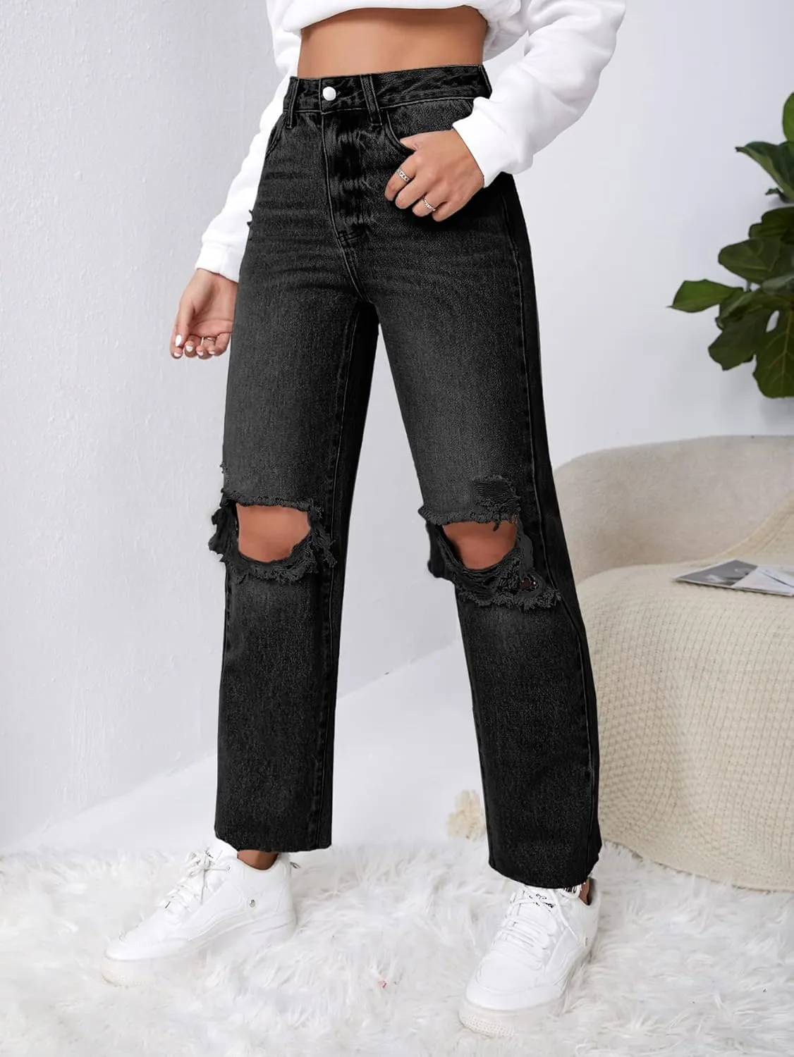 SweatyRocks Women's High Waist Ripped Distressed Cropped Jeans Straight Leg Denim Pants