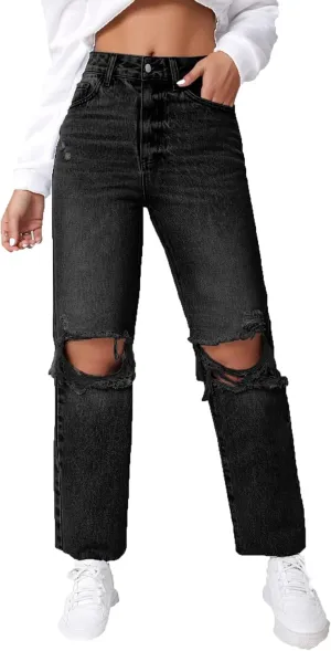 SweatyRocks Women's High Waist Ripped Distressed Cropped Jeans Straight Leg Denim Pants