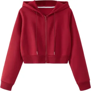SweatyRocks Women's Long Sleeve Drawstring Full Zip Hooded Jacket Crop Sweatshirt