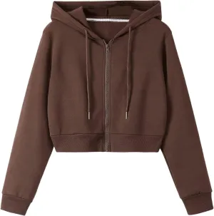 SweatyRocks Women's Long Sleeve Drawstring Full Zip Hooded Jacket Crop Sweatshirt