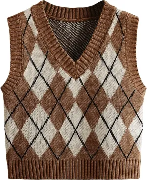 SweatyRocks Women's Plaid Geo Sleeveless V Neck Knit Crop Top Sweater Vest