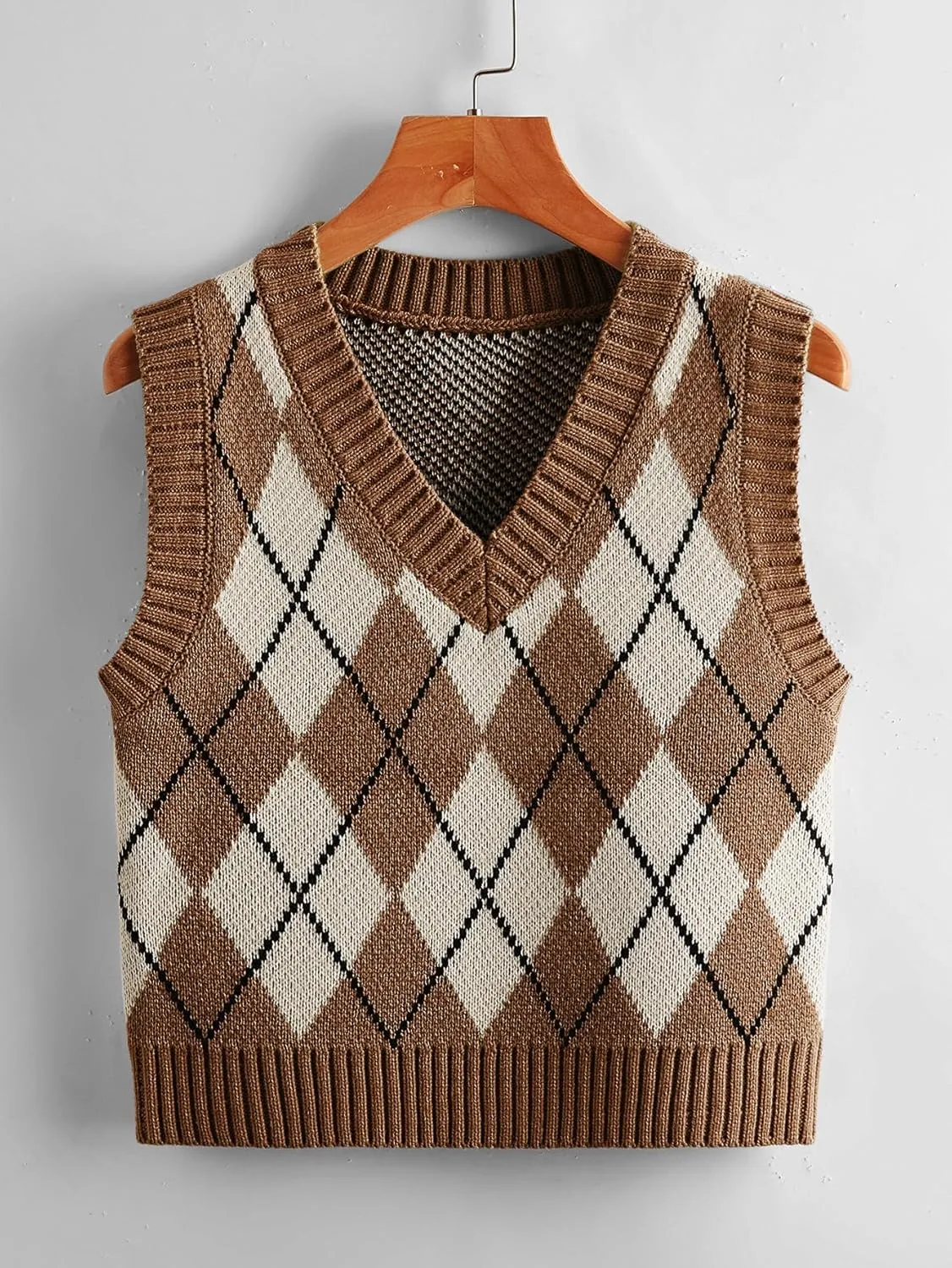 SweatyRocks Women's Plaid Geo Sleeveless V Neck Knit Crop Top Sweater Vest