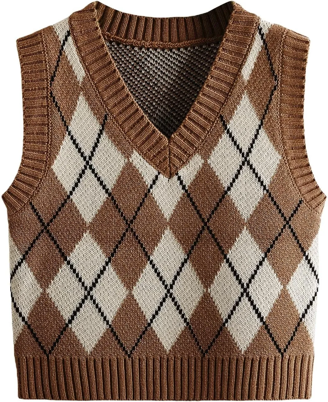 SweatyRocks Women's Plaid Geo Sleeveless V Neck Knit Crop Top Sweater Vest