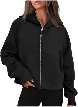 TANGNADE Womens Full Zip Pullover Cropped Hoodies Long Sleeve Fleece Sweatshirts with Pockets Fall Outfits Clothes