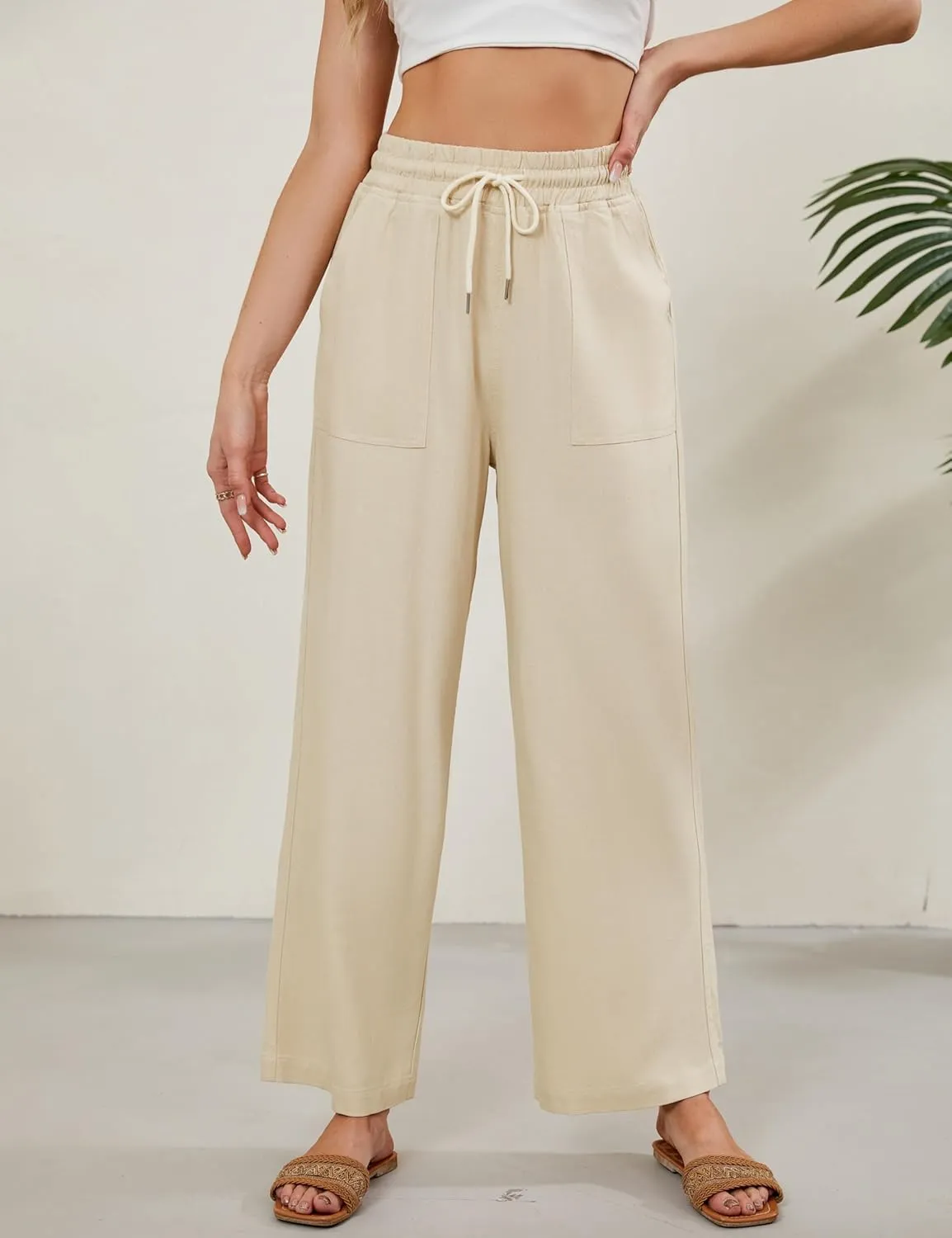 Tanming Womens Linen Pants Summer Casual Drawstring High Waisted Cotton Pants Beach Pants with Pockets