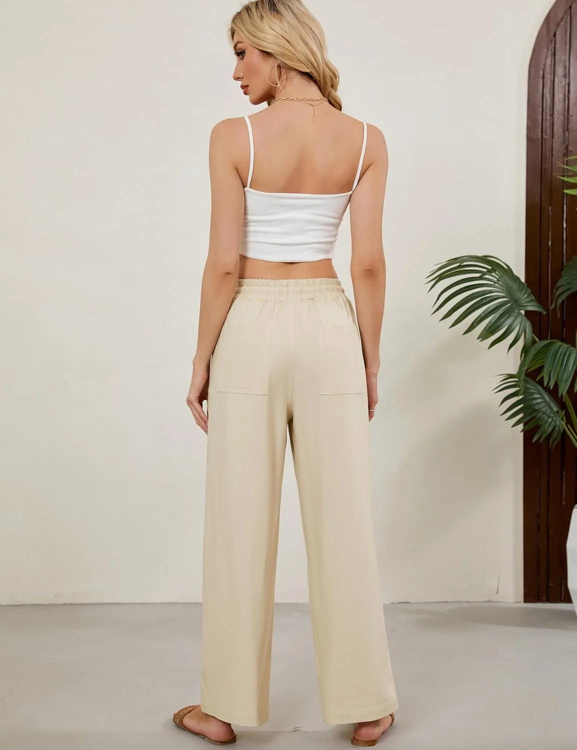 Tanming Womens Linen Pants Summer Casual Drawstring High Waisted Cotton Pants Beach Pants with Pockets