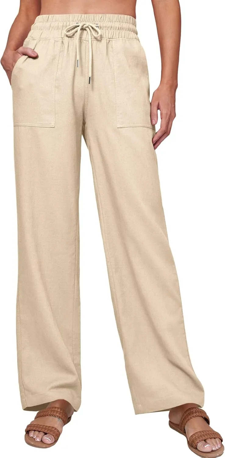 Tanming Womens Linen Pants Summer Casual Drawstring High Waisted Cotton Pants Beach Pants with Pockets
