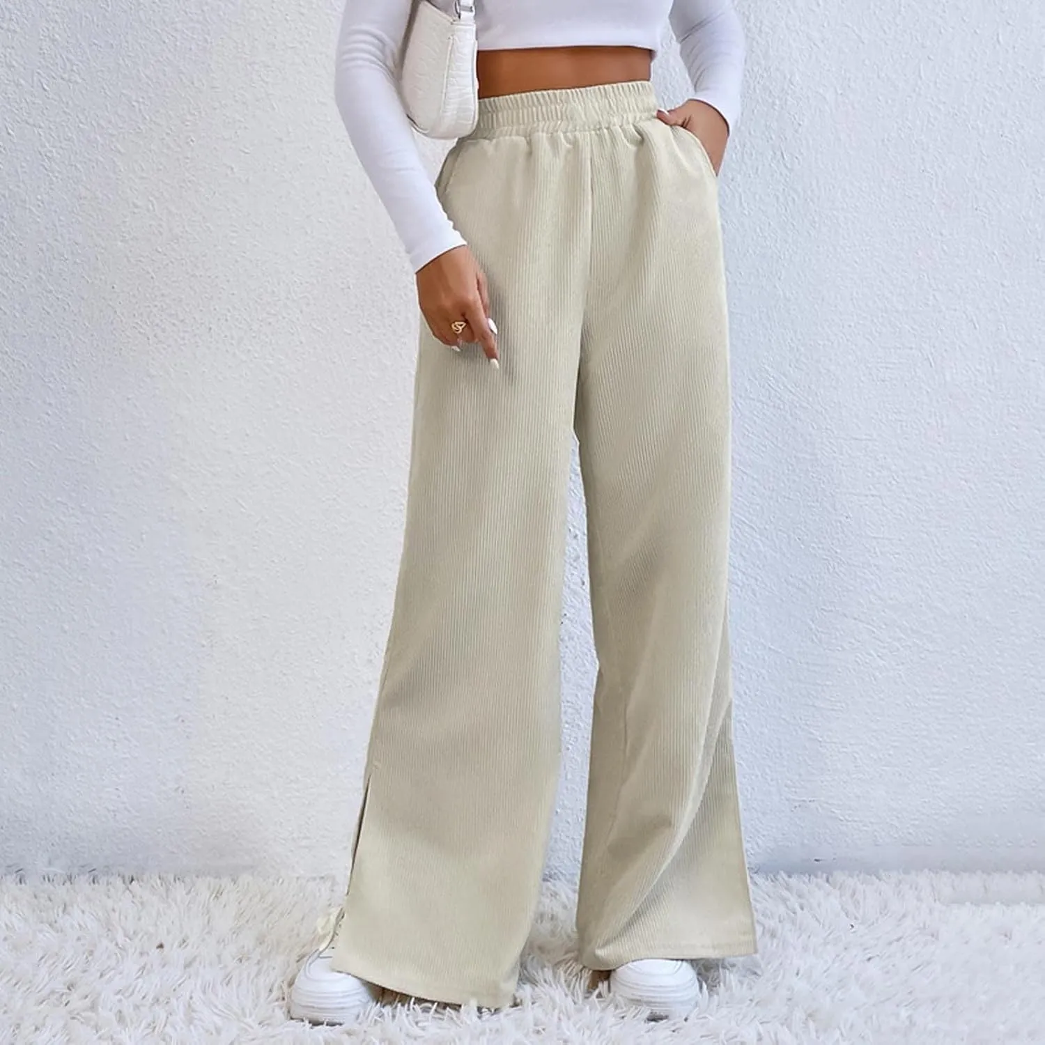 Temperament High Waist Women's Fashion Shows Thin Casual High Waist Loose Wide Leg Movement with Pocket Trousers
