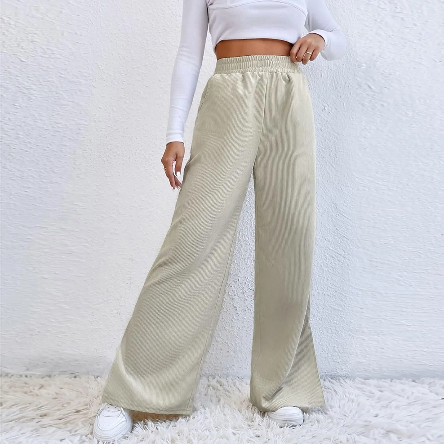 Temperament High Waist Women's Fashion Shows Thin Casual High Waist Loose Wide Leg Movement with Pocket Trousers