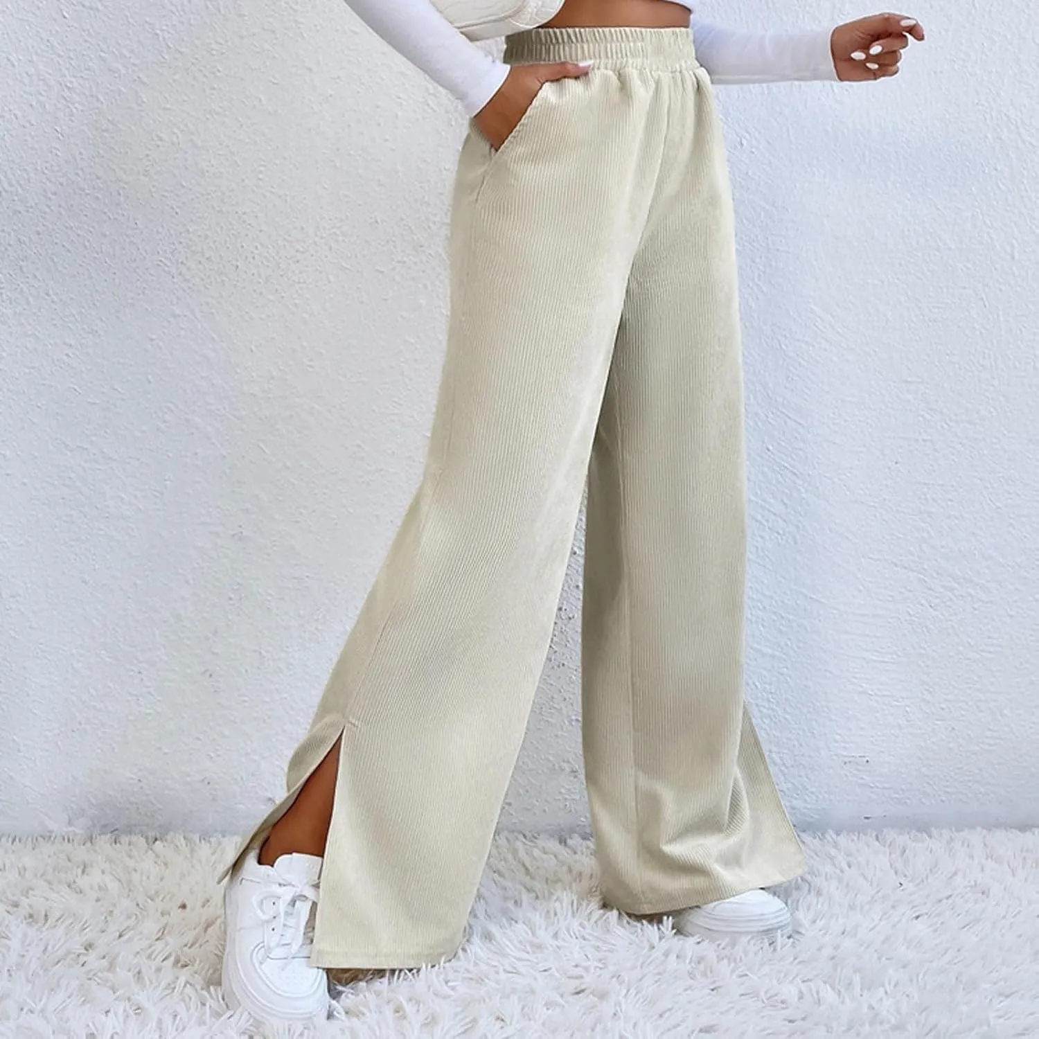 Temperament High Waist Women's Fashion Shows Thin Casual High Waist Loose Wide Leg Movement with Pocket Trousers