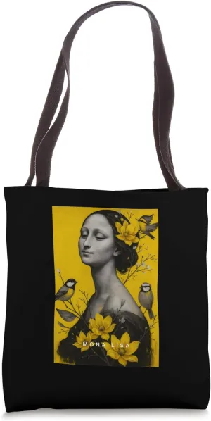 The Beautiful Cute Mona Lisa with Flowers & Birds Graphic Tote Bag