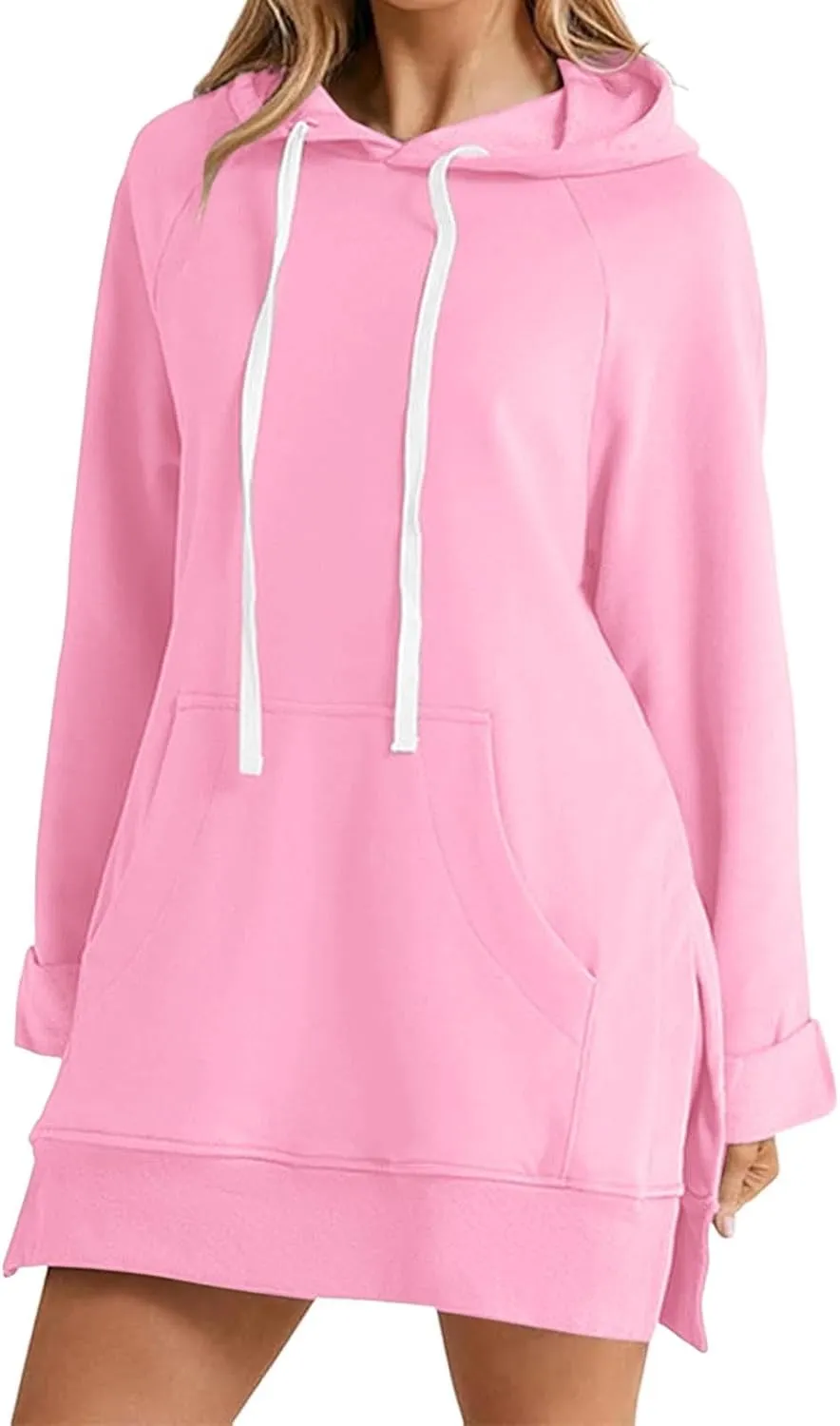 The Warmy Oversized Hoodie Dress for Womens Long Sleeve Split Hem Drawstring Midi Dress Pullover Hoodies with Pocket