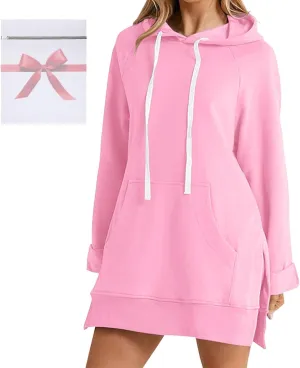 The Warmy Oversized Hoodie Dress for Womens Long Sleeve Split Hem Drawstring Midi Dress Pullover Hoodies with Pocket