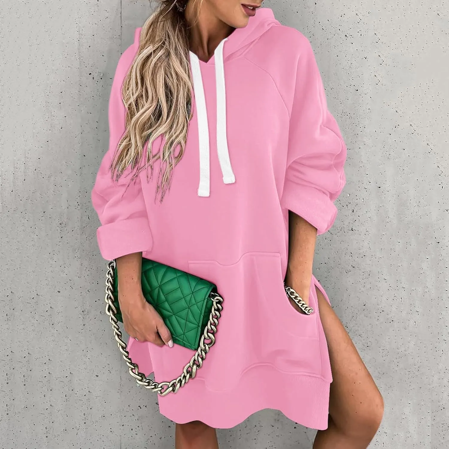 The Warmy Oversized Hoodie Dress for Womens Long Sleeve Split Hem Drawstring Midi Dress Pullover Hoodies with Pocket