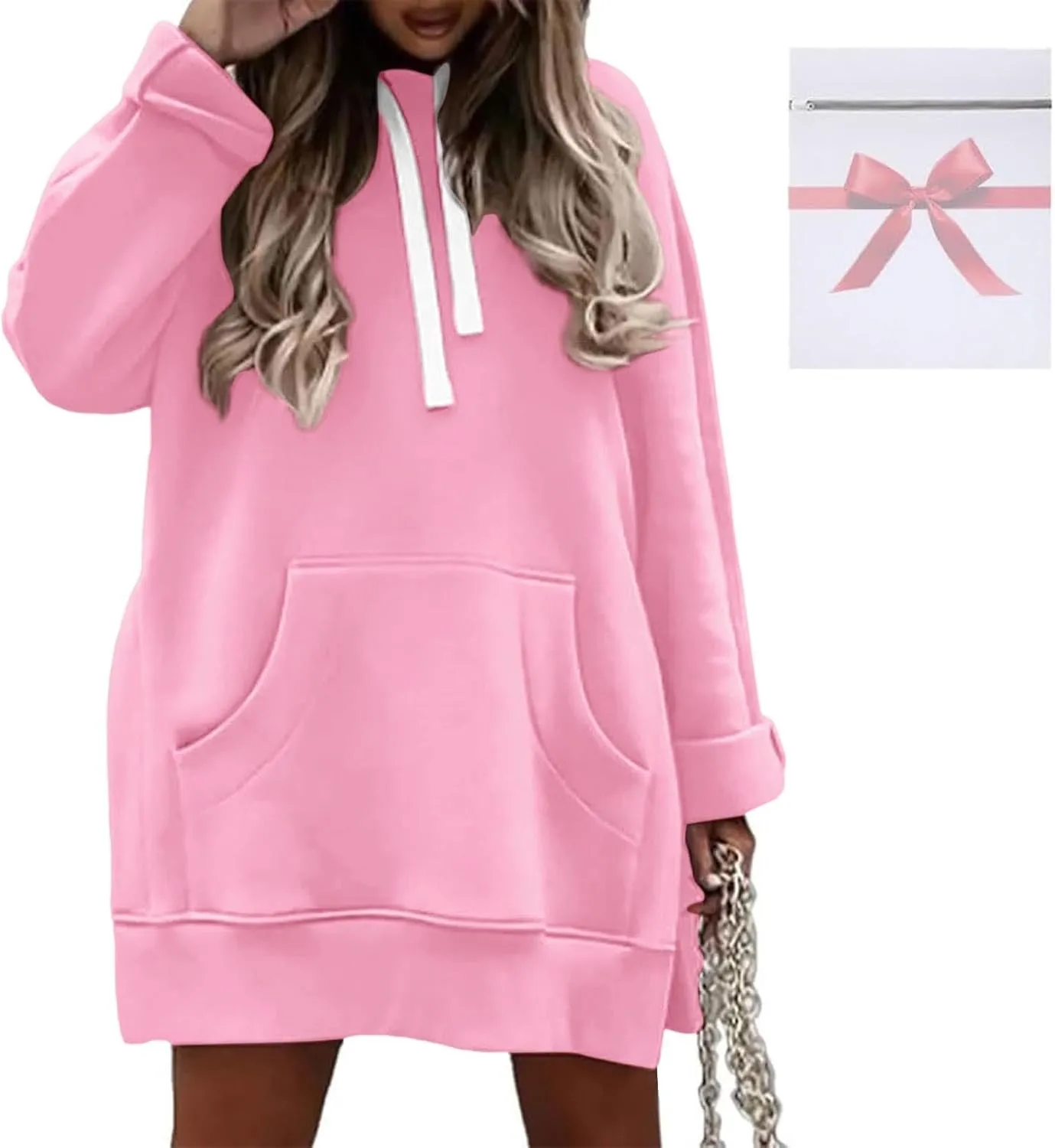 The Warmy Oversized Hoodie Dress for Womens Long Sleeve Split Hem Drawstring Midi Dress Pullover Hoodies with Pocket