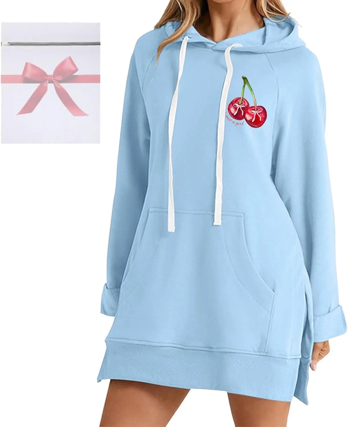 The Warmy Oversized Hoodie Dress Women Casual Cherry Print Long Sleeve Warmy Hoodie Split Hem Hoodies with Pocket