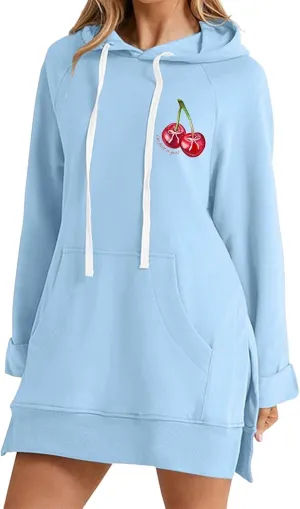 The Warmy Oversized Hoodie Dress Women Casual Cherry Print Long Sleeve Warmy Hoodie Split Hem Hoodies with Pocket