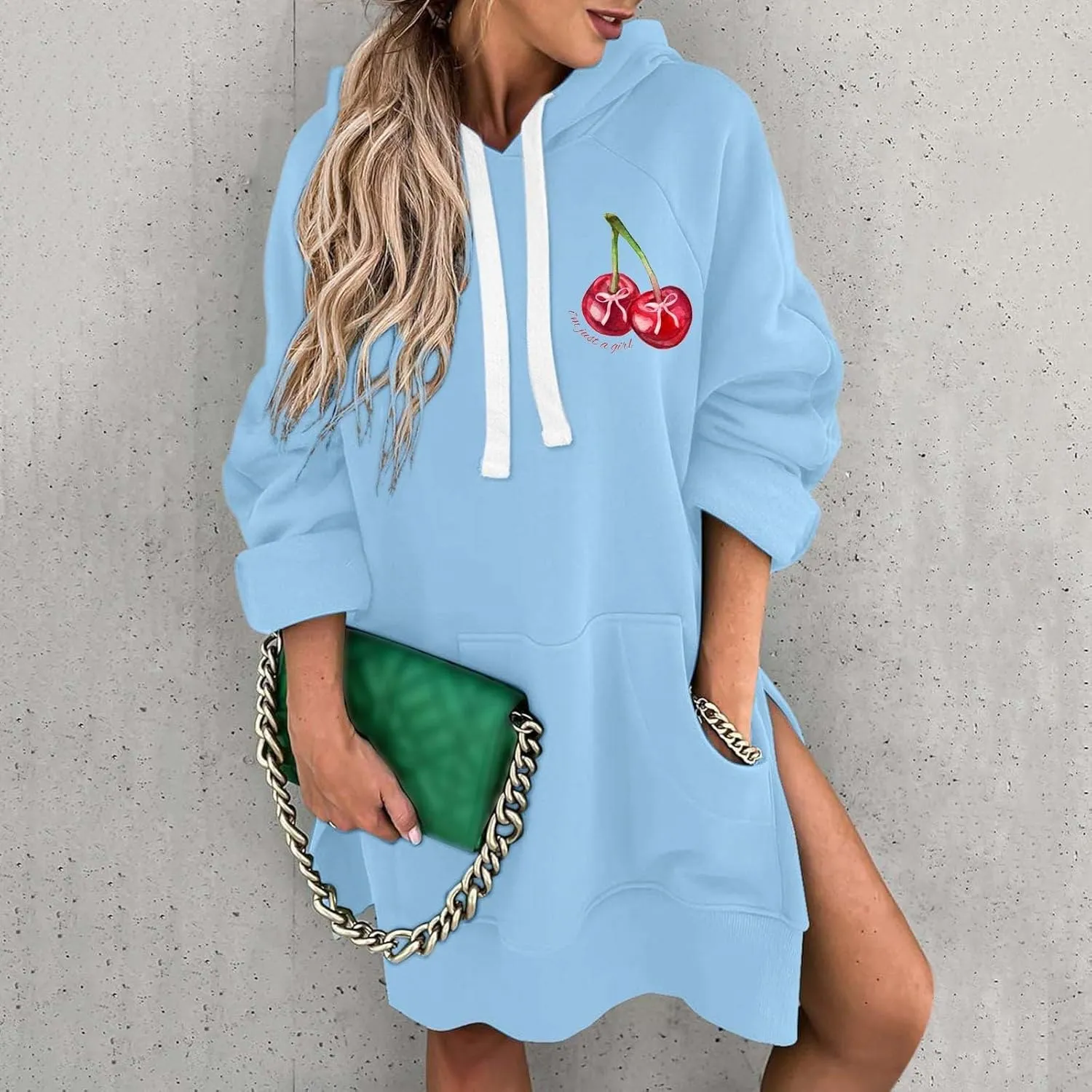 The Warmy Oversized Hoodie Dress Women Casual Cherry Print Long Sleeve Warmy Hoodie Split Hem Hoodies with Pocket