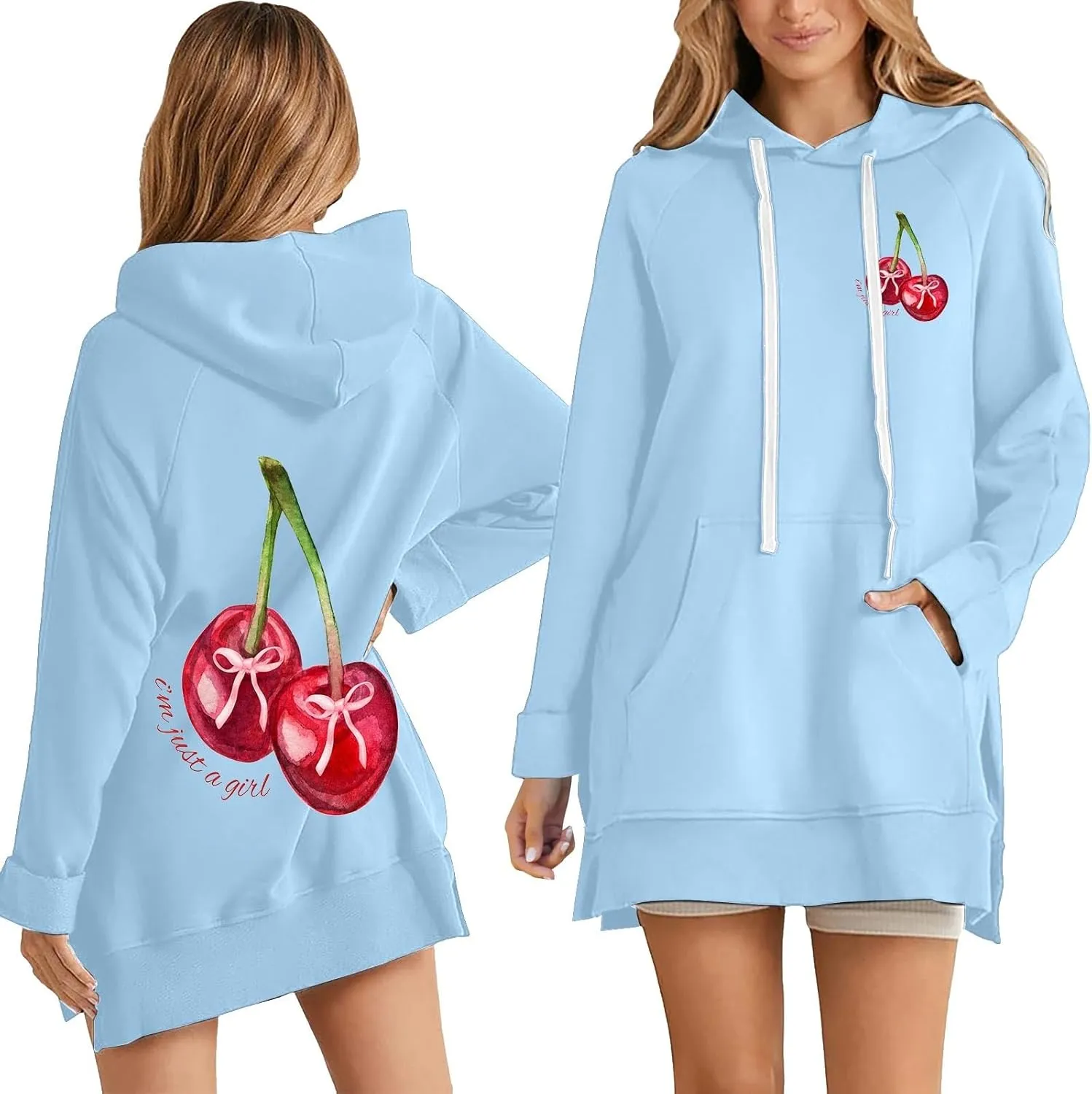 The Warmy Oversized Hoodie Dress Women Casual Cherry Print Long Sleeve Warmy Hoodie Split Hem Hoodies with Pocket