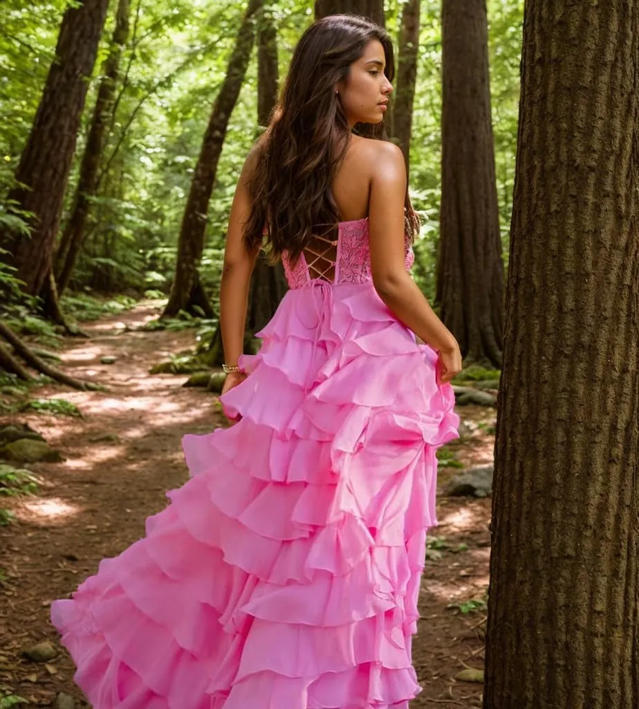 Tiered Laces Prom Dresses for Teens 2025 Long Ruffle Strapless Chiffon Formal Evening Gowns with Slit