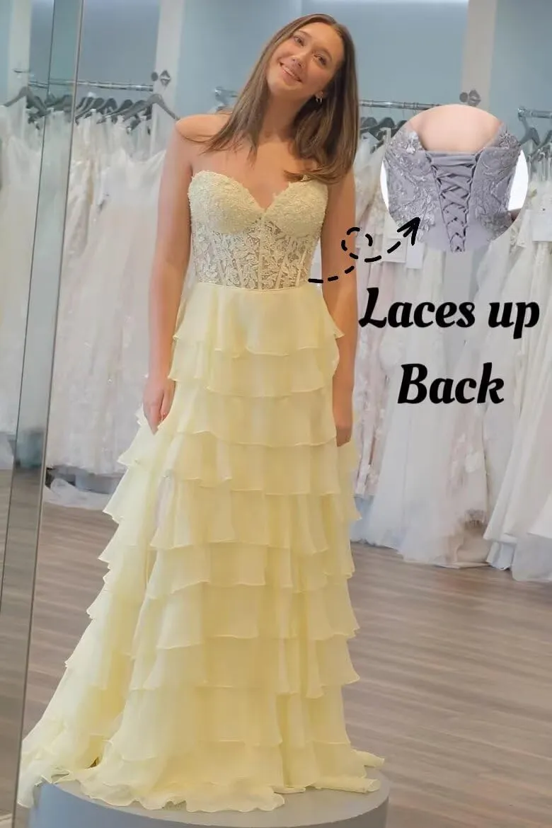 Tiered Laces Prom Dresses for Teens 2025 Long Ruffle Strapless Chiffon Formal Evening Gowns with Slit